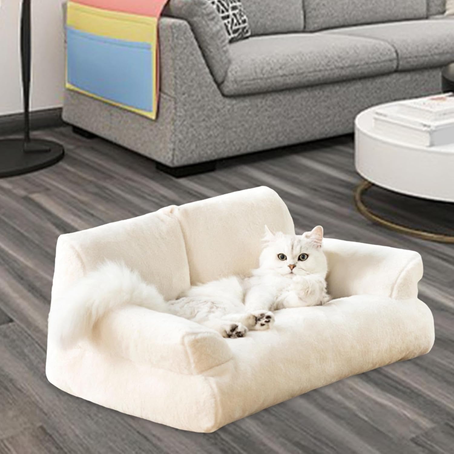 Soft Calming Cat Sofa Bed Pet Couch Non Slip Base All Seasons Comfortable Dog Bed Sofa Fluffy Cat Couch for Indoor Cats Puppy, White S