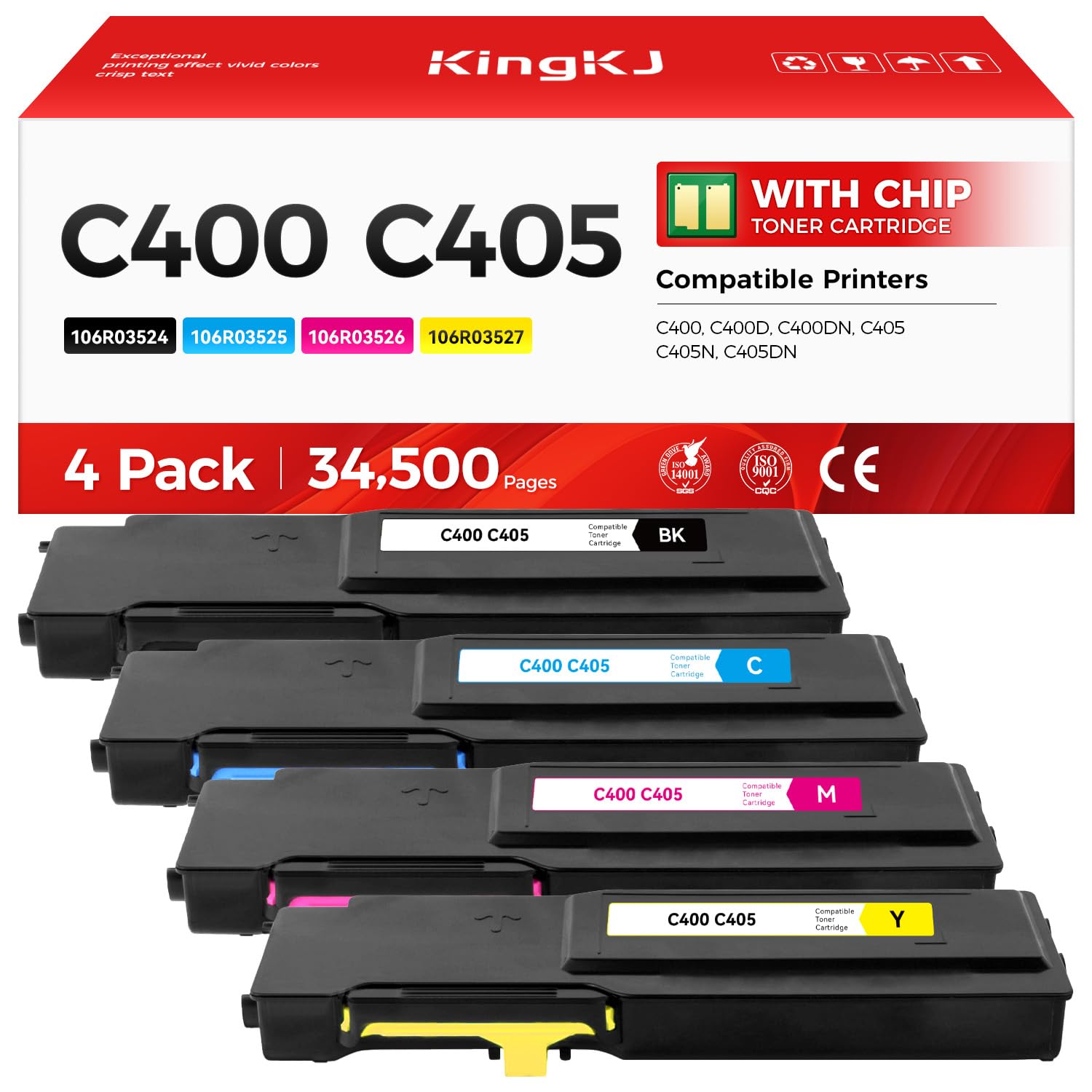 C400 C405 Extra High-Yield Toner Cartridge Set 4-Pack Black Cyan Magenta Yellow 106R03524 106R03525 106R03526 106R03527 Replacement for Xerox Versalink C400 C400D C400DN C405 C405N C405DN Printer Ink