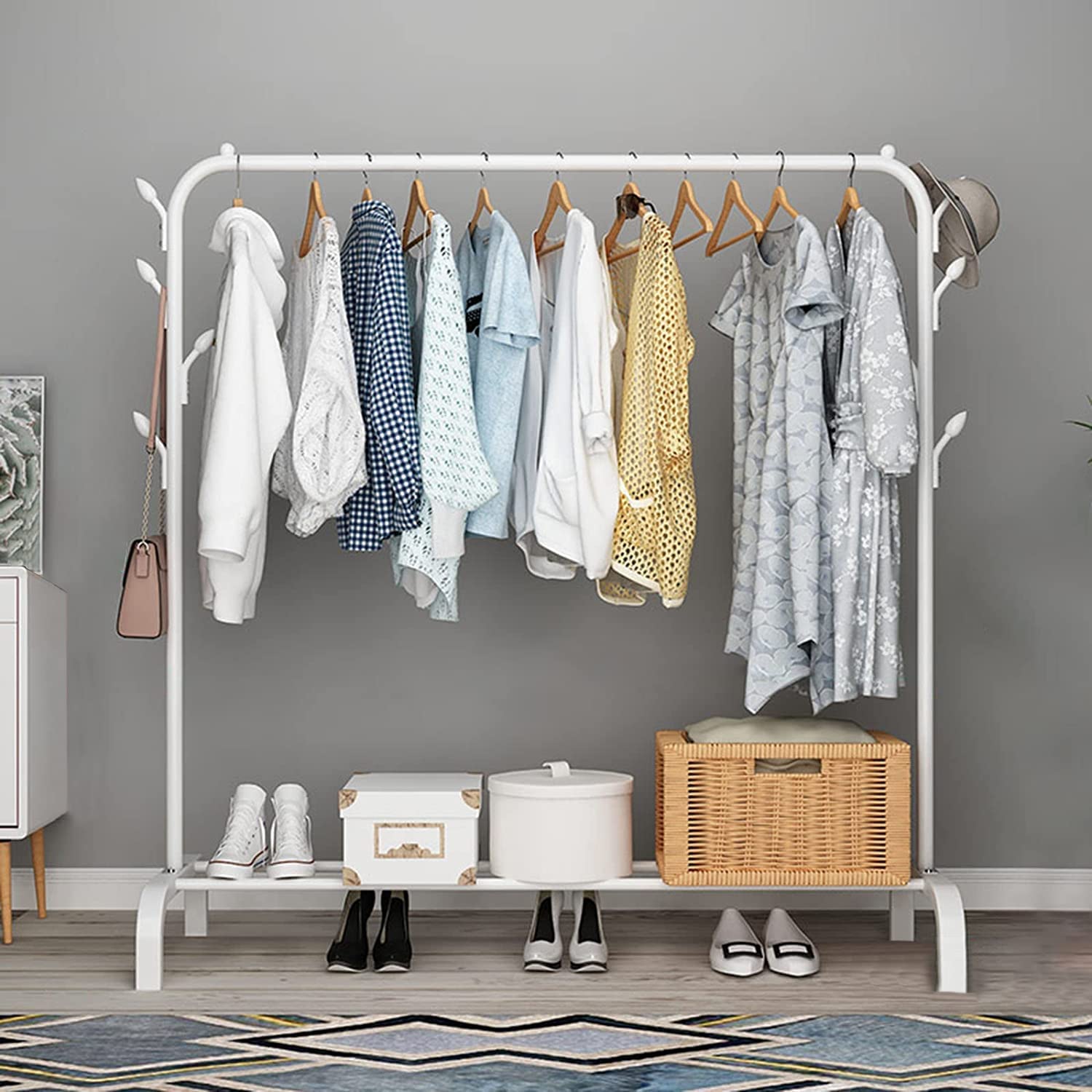 CREXOS Metal Multifunctional Garment Stand Cloth Rack Freestanding Storage Organizer with Bottom Shelves Single Pole Coat Hanger - 150 x 110 x 40 CM (WHITE) (B0DG1YNZGX) Amazon Price History, Amazon Price Tracker