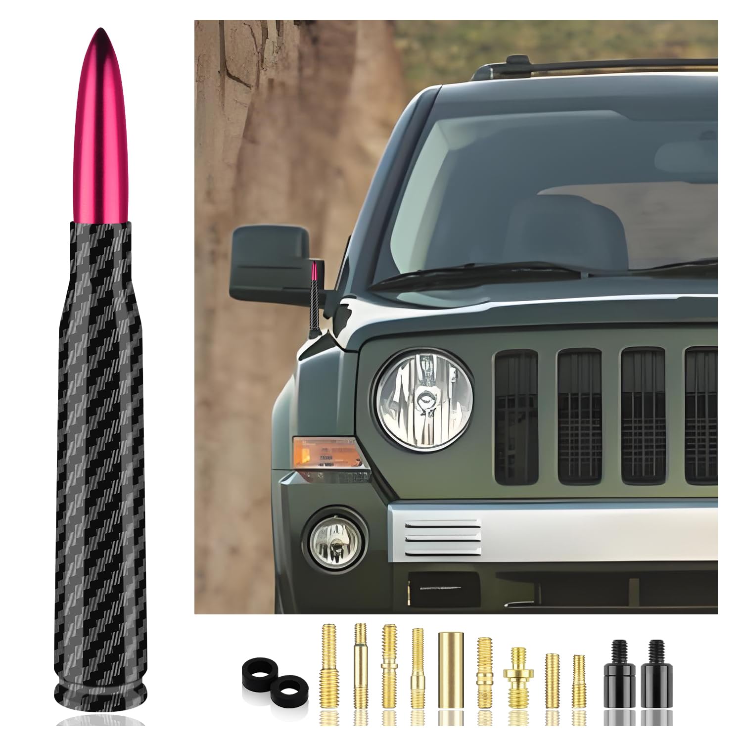 Stacool Car Bullet Antenna with 13 Car Antenna Replacement Accessories,Carbon Fiber Car Antenna for Car Decoration,Truck Antenna Compatible with Chevrolet Dodge Toyota GMC Jeep Ford (Pink)