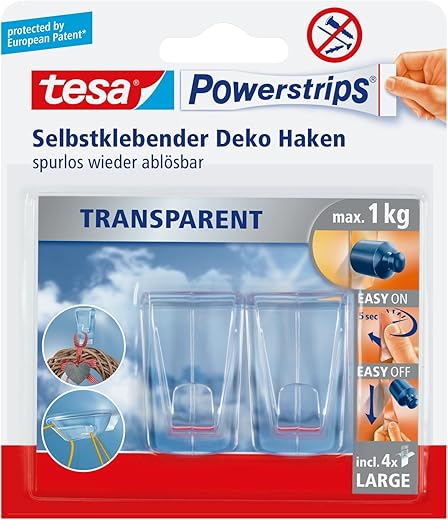 tesa Klebehaken für transparente Oberflächen und Glas (1 kg) — Unsichtbar, aber stark