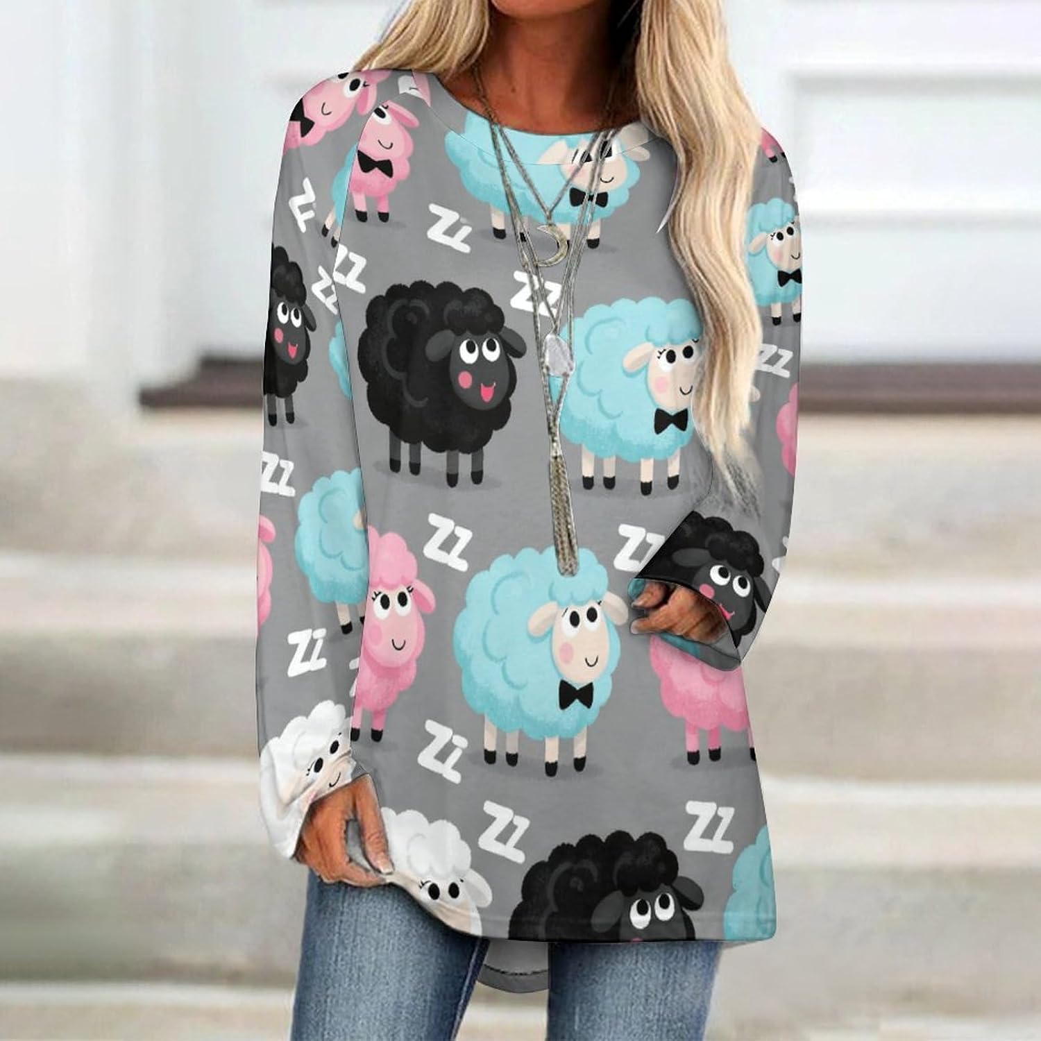 Women's Long Sleeve T-Shirt Comfortable Round Neck Tunic Top, Casual Basic Long Top for Women
