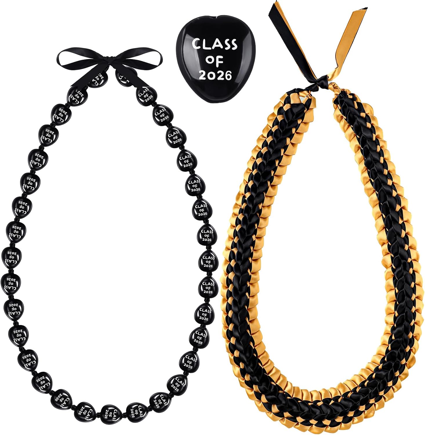 Junkin 2 Pcs Graduation Leis Class of 2026, 47 Inch Double Braided Ribbon Lei & 35 Inch Kukui Nut Necklace, Hawaiian Jewelry for Graduation Ceremony Party Gifts(Black, Gold)