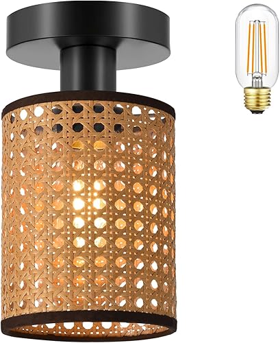 XININSUN Mini montaje de techo para pasillo, diseño de ratán vintage, bombillas LED de 6 W incluidas, fácil instalación, servicio posventa sin
