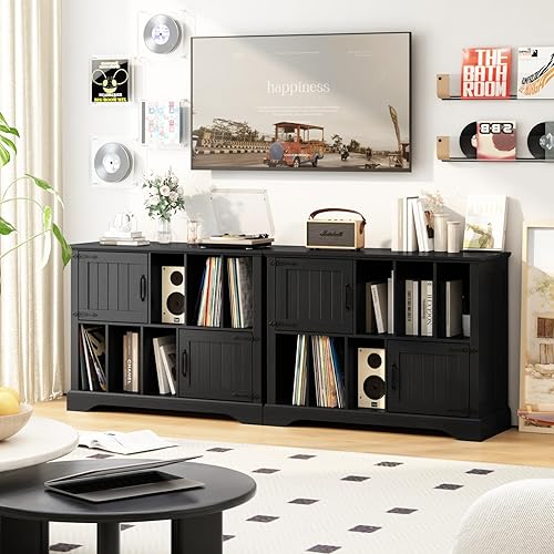 Miniatura 7 de Soporte grande para tocadiscos con almacenamiento para vinilos - Soporte para tocadiscos de 39.5" con gabinete de madera estilo granja y puertas