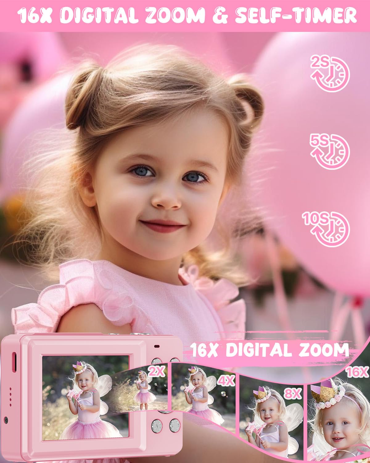 Macchina Fotografica Digitale con Scheda 32GB, 1080P 44MP Fotocamera Digitale Compatta con Zoom Digitale 16X Flash e 2 Batterie, Macchina Fotografica per Bambini, Adulti, Principianti (Rosa)