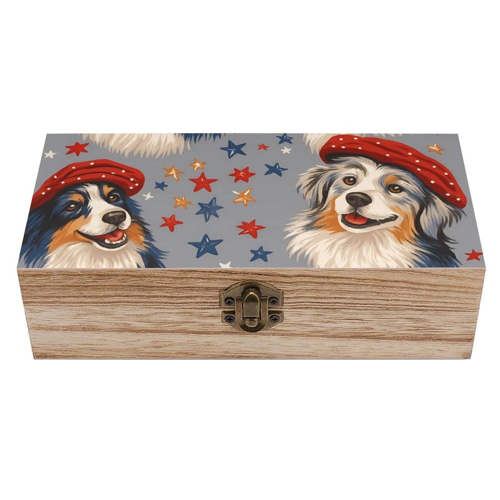 HLBSDM Lovely Australian Shepherd & Stars Retro Wooden Storage Box Jewelry Art Gift Boxs Decorative Keepsake Boxes