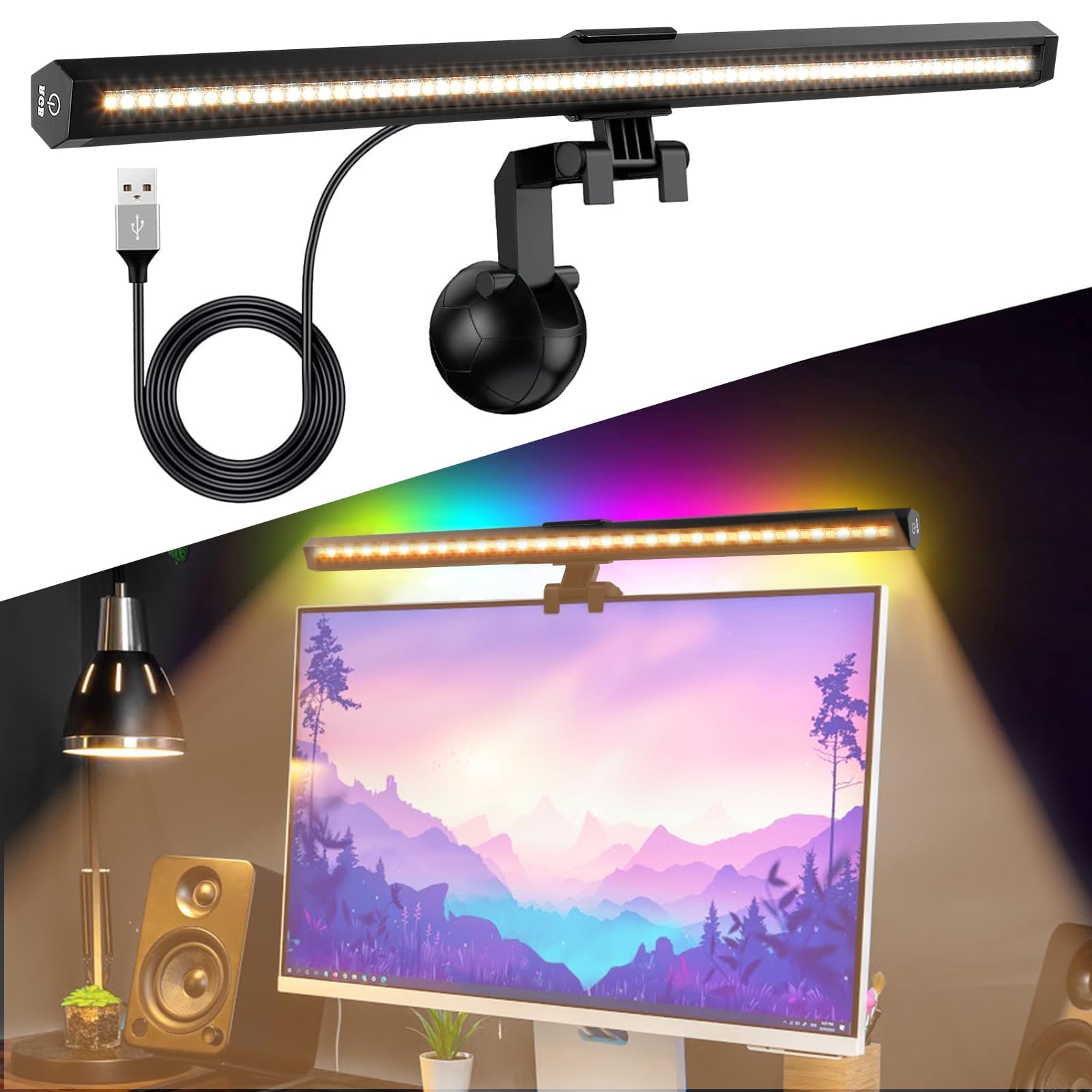 Glare-Free Computer Light with 3 Modes, 15 Colors RGB Backlight LED Light Bar Dimmable Screen Light USB Powered