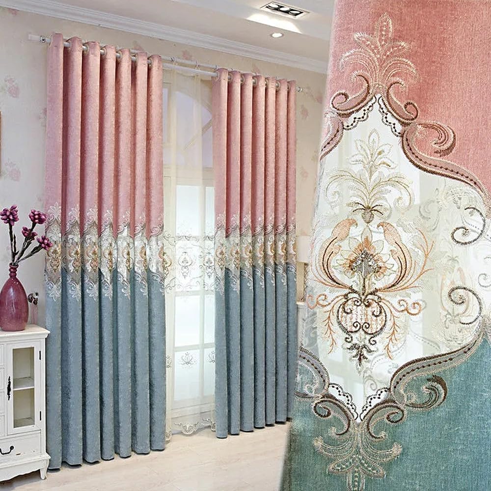 Amidoudou Luxury Chenille Embroidered Curtains for Living Room & Bedroom, Pack of 2, 60x84 Inch, Pink