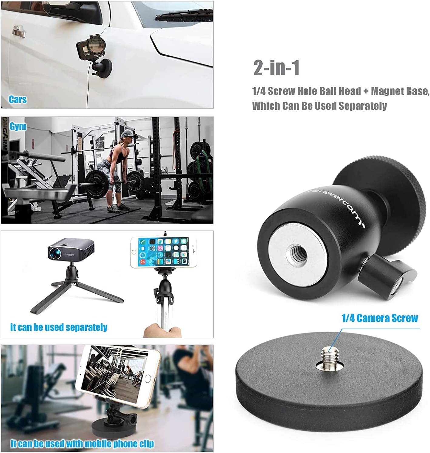 Forevercam Aluminum Magnetic Camera Mount for Gopro Hero 13 12 11 10 9 8 DJI Osmo Insta360 AKASO and Other Action Camera 360°Rotation Ball Head Gimbal 1/4-20 Lock Protector
