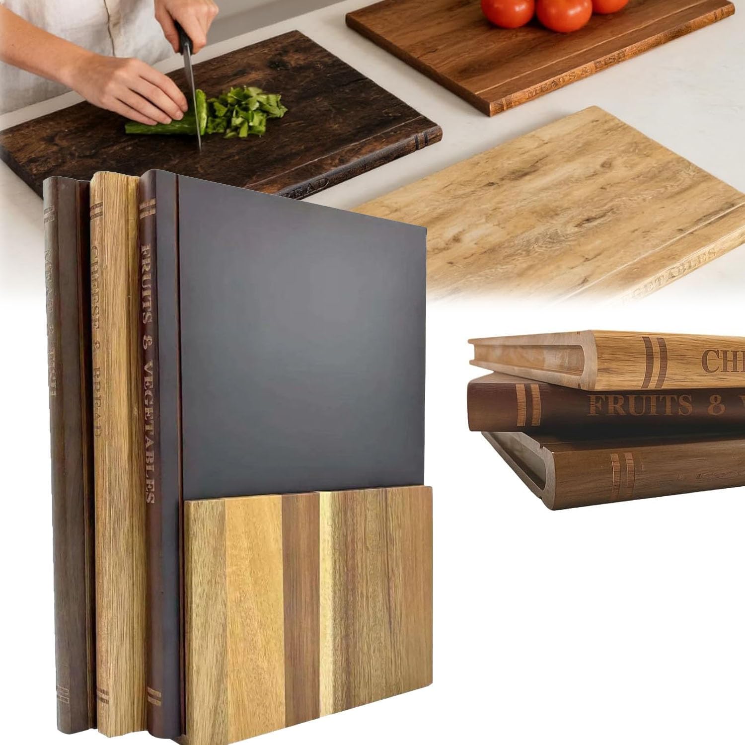 Tagliere da Cucina in Legno, Set di Libri da Biblioteca, Tagliere Bifacciale con Supporto, Tagliere per Tritare Carne, Verdure e Frutta, Tagliere Lavabile in Lavastoviglie(Marrone)