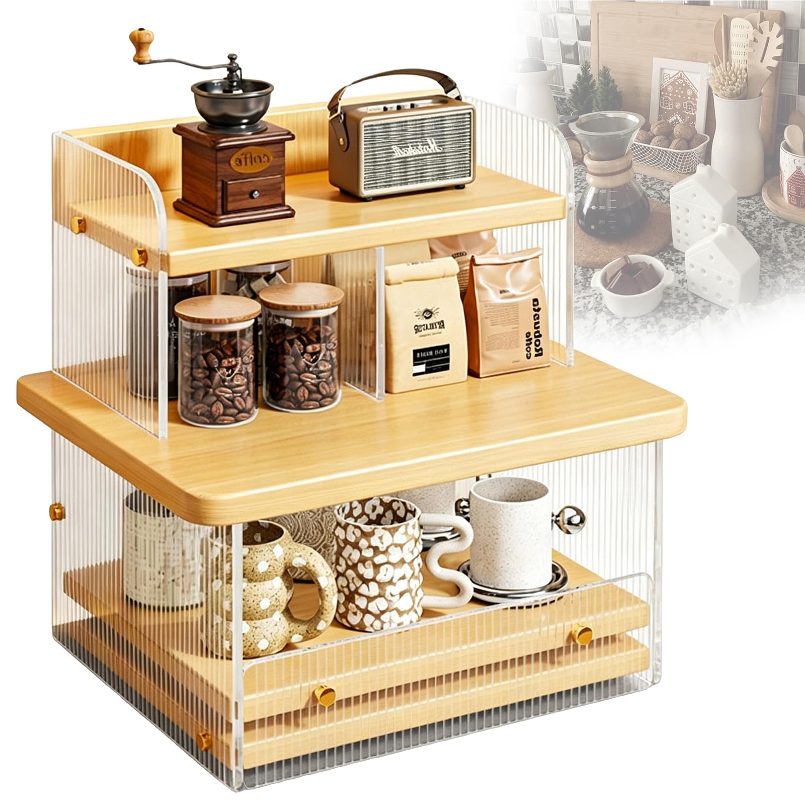 Weyot Coffee Station Organizer, Mug Holder Countertop Organizer, Acrylic Coffee Cup Display Shelf, Condiment Storage Rack for Kitchen,Living Room,Office,Coffee Bars Yellow,32x26x35cm