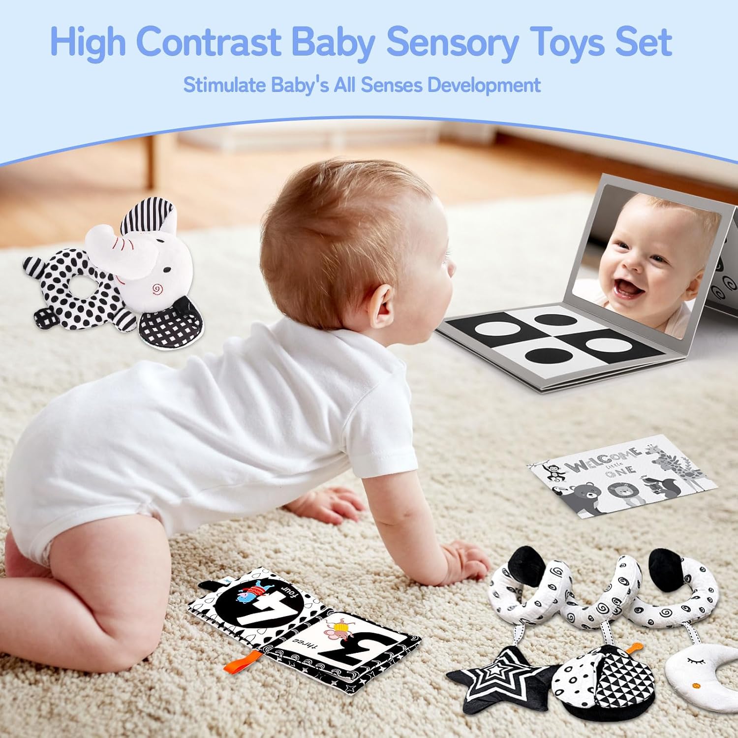 High Contrast Baby Toys for Newborn, Black and White Baby Sensory Toys for 0-6-12 Months Brain Development, Montessori Infant Toys for Baby Boy Girl Shower Gifts