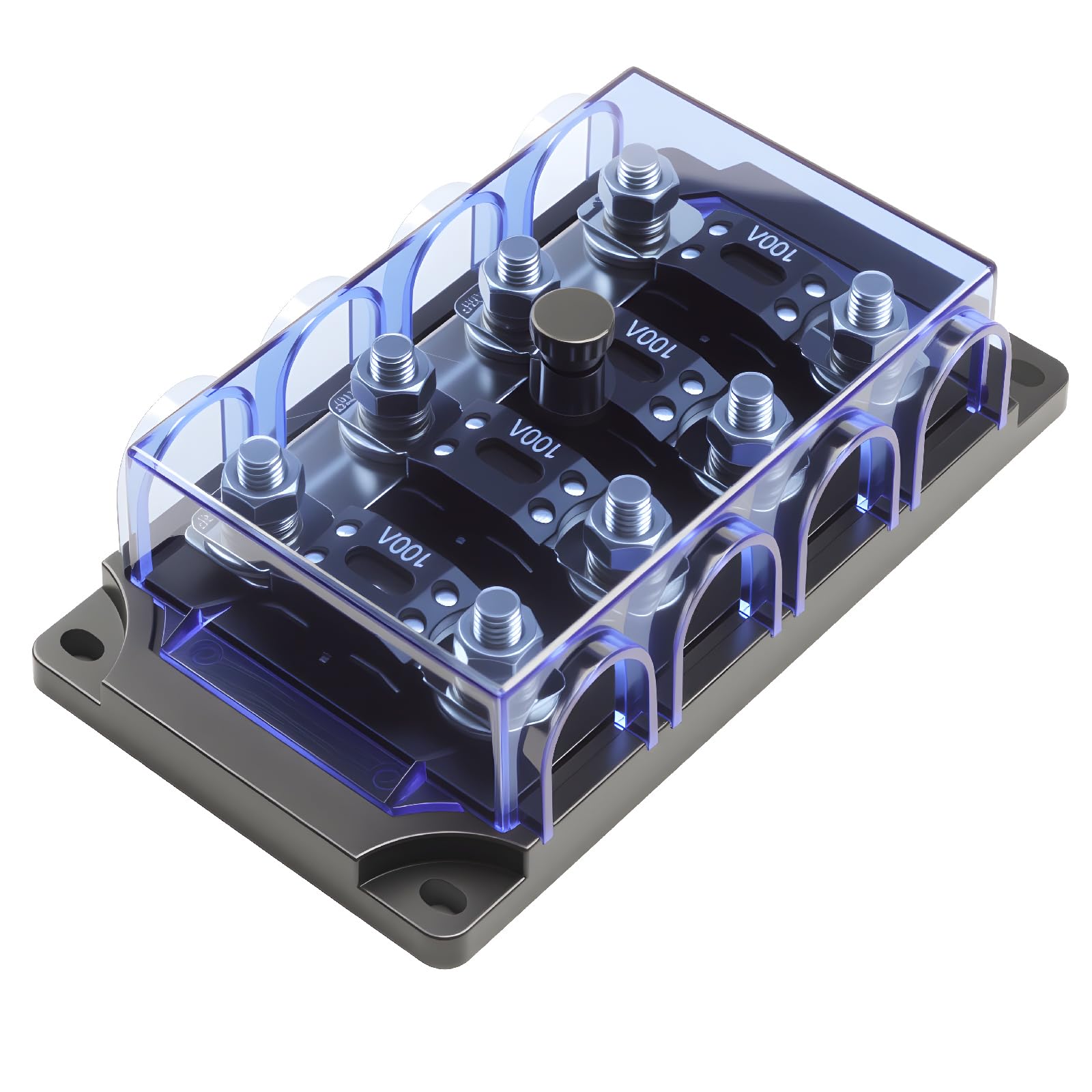 ZOOKOTO 4 Wege Mega Sicherungshalter Blau Transparent 4 Wege Auto Sicherungshalter 100A Automotive Sicherungsblock Verteilung für Auto Audio