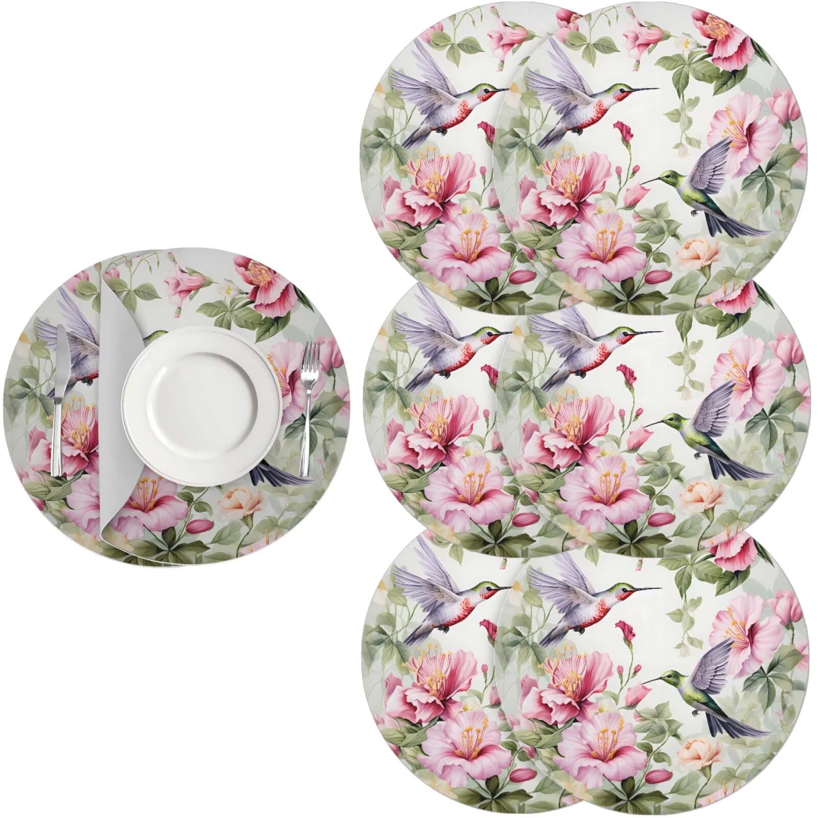 Generic Round Place Mats Set of 6 Elegant Hummingbird Wipeable Placemats for Dining Table Waterproof Heat Resistant Mat Plastic Table Mats for Kitchen Dinner Party Decor โ image 1