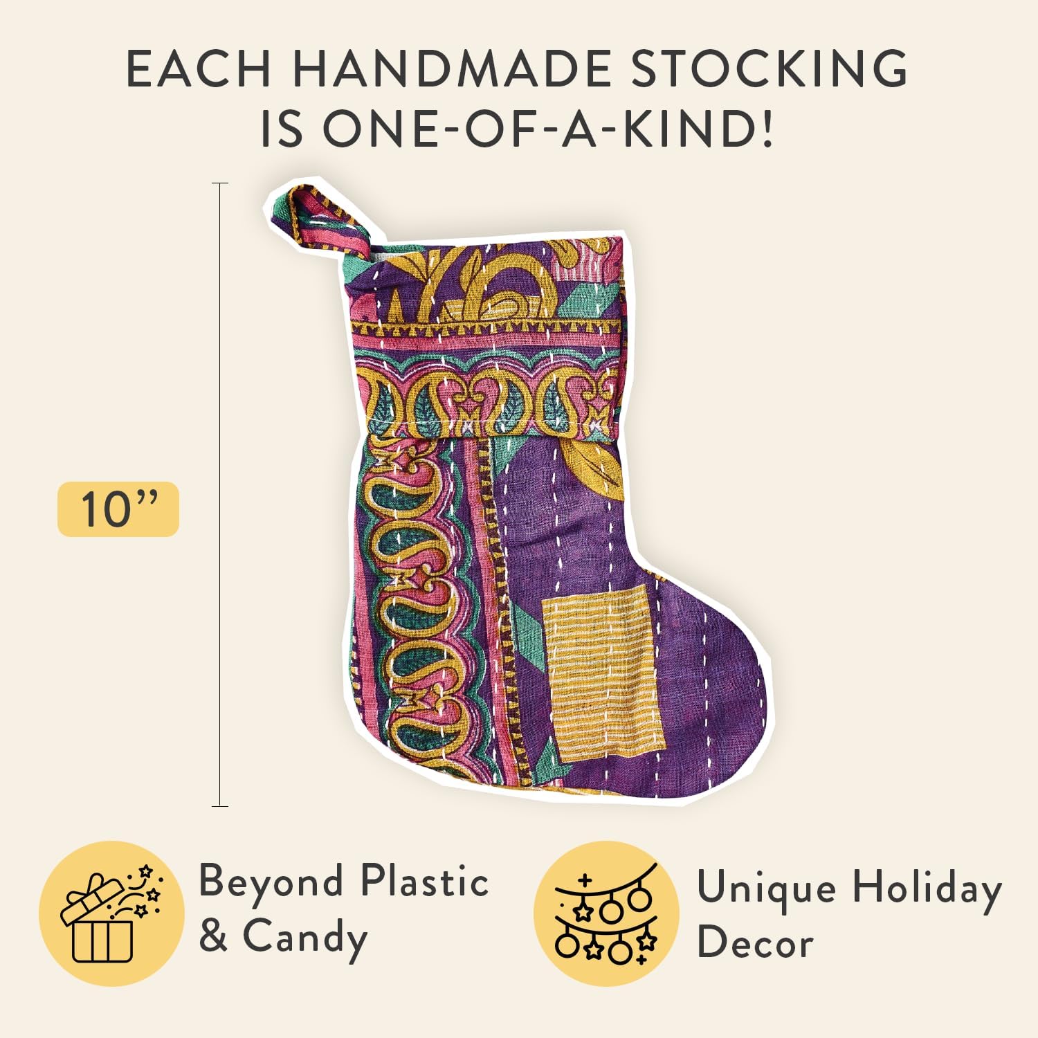 Modern Sprout Holiday Kantha Christmas Stockings Gift Set (10" Long), Unique Handmade Upcycled Sari Stocking, Unique Stuffers for Women, Men & Kids, Sustainable Christmas Décor - Assorted Medium