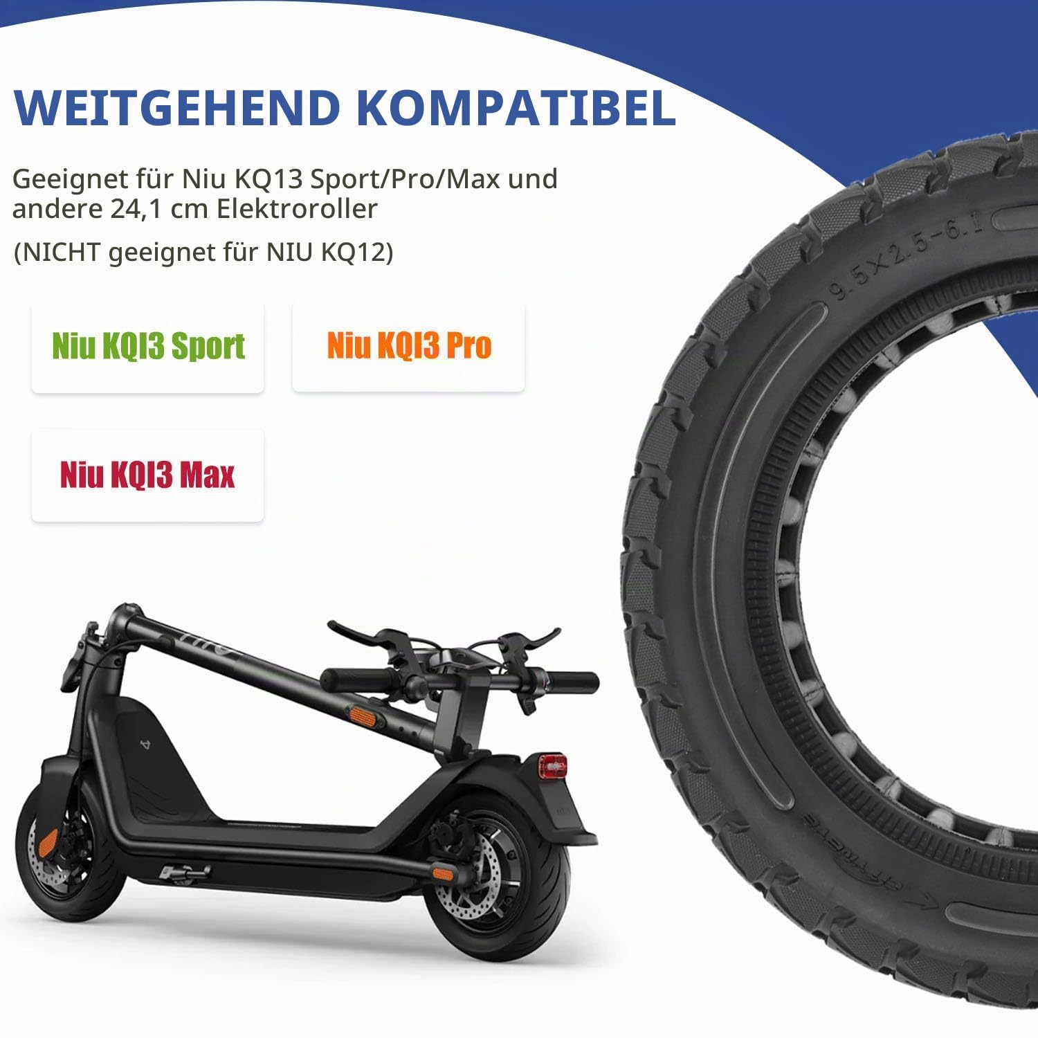 9,5 Zoll Vollreifen für NIU KQi 3, 9,5x2,5-6,1 Vollgummireifen Solide Reifen für NIU KQi3 Sport/Pro/Max Elektroroller Vorne oder Hinten Roller Ersatzreifen Wabenreifen (Schwarz-2 Stück)