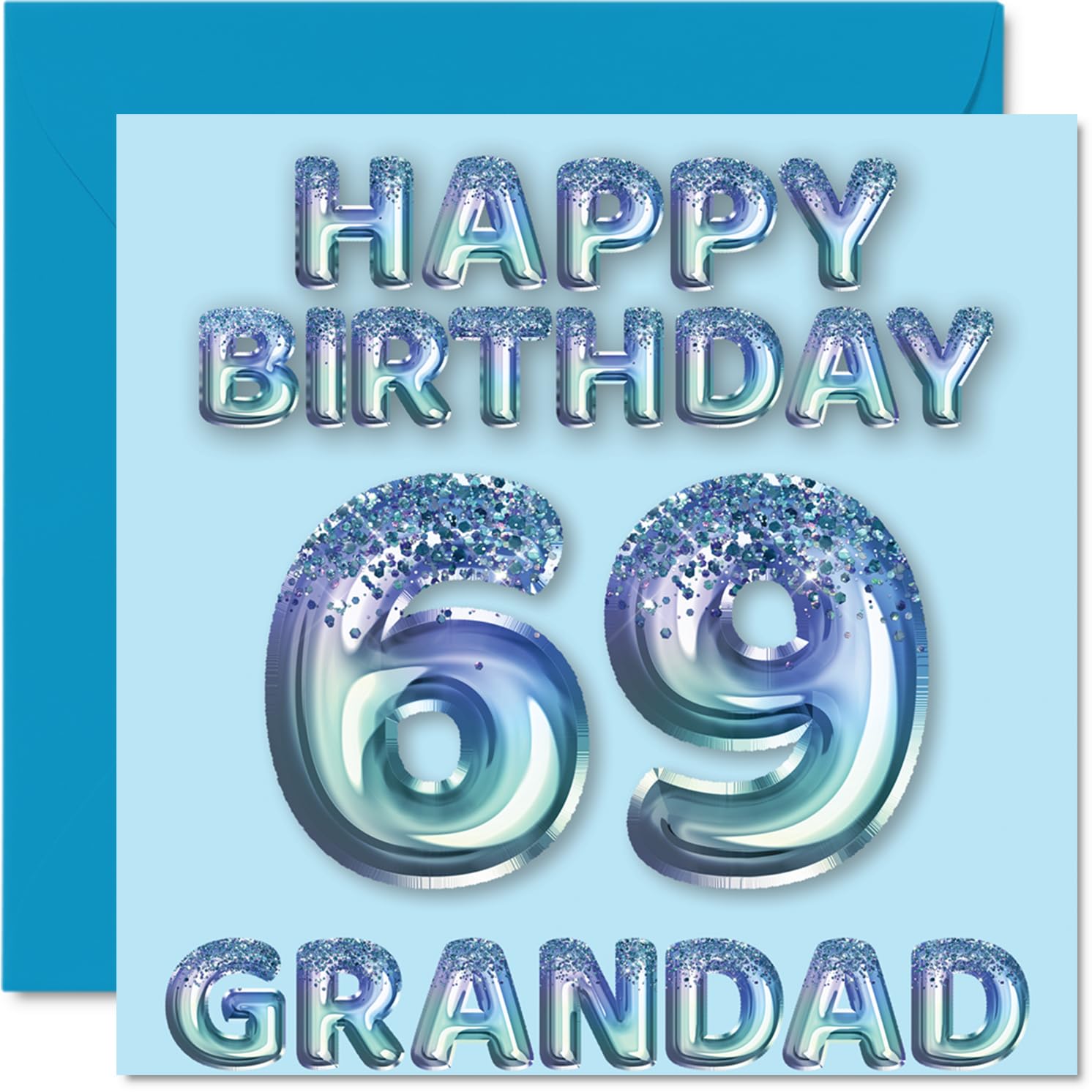 69th Birthday Card for Grandad, Blue Glitter Party Balloons