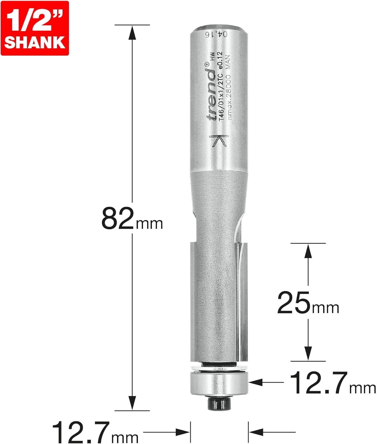 Trend Professional Guided 90-Degree Trimmer, 1/2" Diameter x 1 Inch Length, 1/2 Inch Shank, 1/2 Inch Bearing, Tungsten Carbide Tipped, T46/01X1/2TC