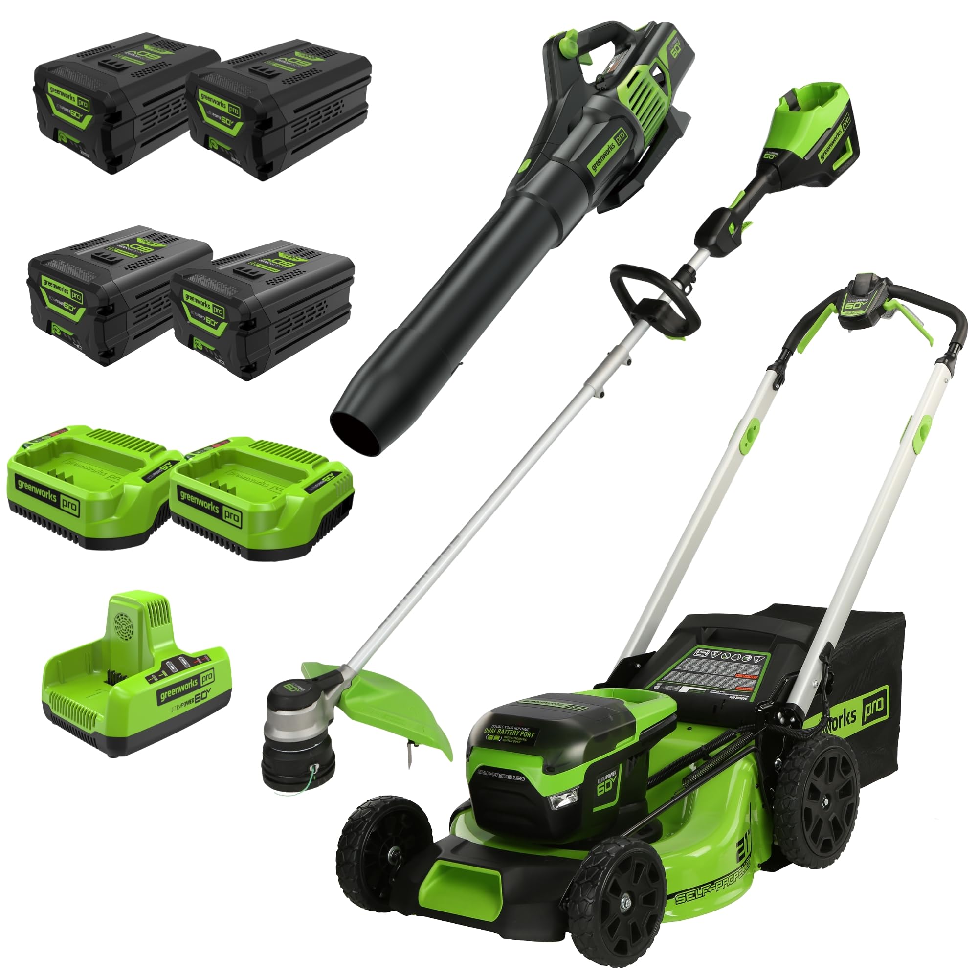 Greenworks 60V 21" (Self-Propelled) Lawn Mower + 16" String Trimmer, Leaf Blower, (2) 4.0Ah + (2) 2.5Ah Batteries Batteries, Dual Port Rapid Charger, (2) Rapid Chargers