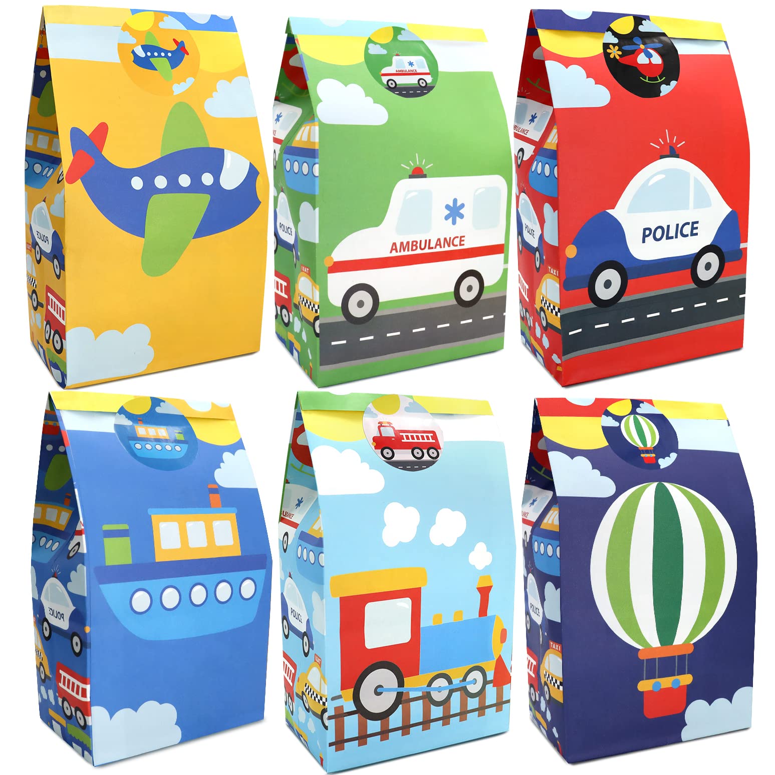 HaPiBiDesign 24 PCS Transportation Party Favor Bags with Stickers - Transport Party Candy Bags – Traffic Goodie Gift Treat Bags Transportation Themed Birthday Party Supplies