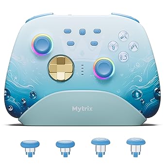 Mytrix Wireless Switch Pro Controllers with Charging Dock, Bluetooth Controller for Nintendo Switch/Lite/OLED with Hall Effect Joysticks & Trigger, Compatible with PC/iOS/Android/Steam Aqua Blue