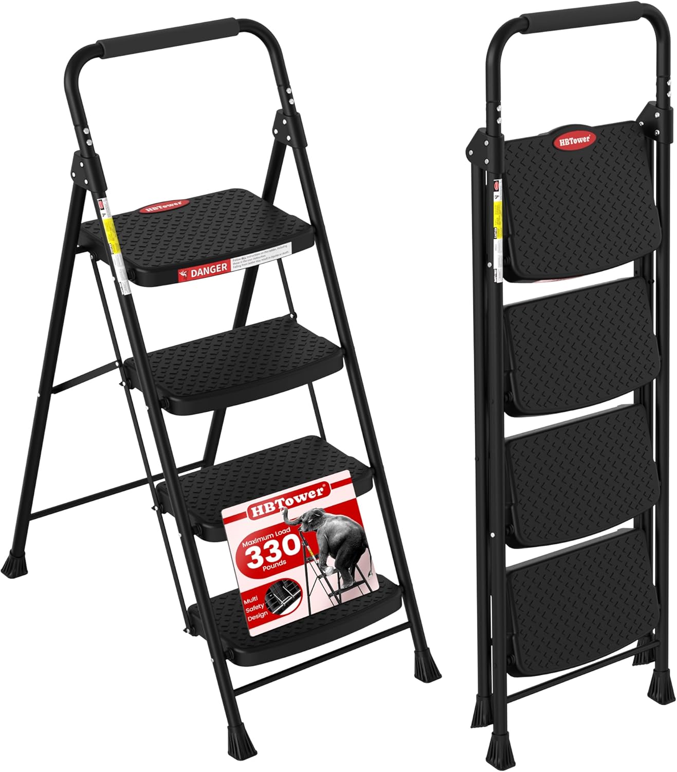 HBTower 4 Step Ladder, Step Stool Foldable with Wide Anti-Slip Pedal, Sturdy Steel Ladders for Home Adults Kitchen