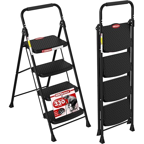 HBTower 4 Step Ladder, Step Stool Foldable with Wide Anti-Slip Pedal, Sturdy Steel Ladders for Home Adults Kitchen