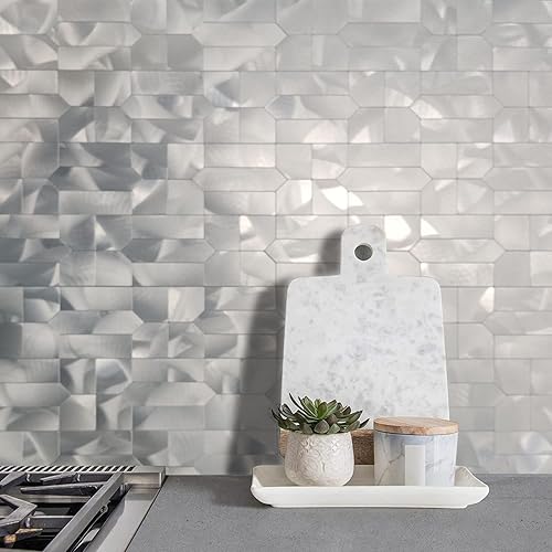 Miniatura 6 de XUANINY 10 hojas de azulejos metálicos para salpicaduras de muro, autoadhesivas, múltiples formas, mosaico de aluminio 3D, adhesivo de pared para
