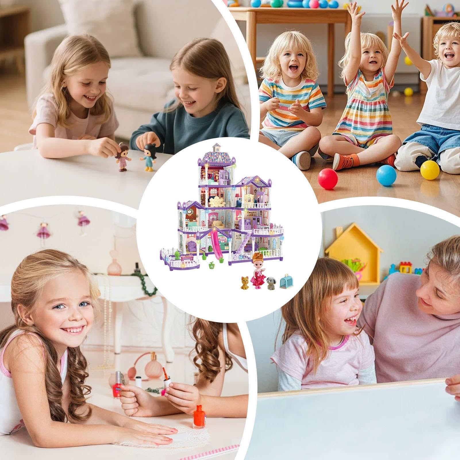 Dom dla dziewczynek 4 poziomy 13 sztuk miniaturowa zabawka montażowa | Willa Dom z 3 księżniczkami, 2 szczeniakami i akcesoriami dla dziewczynek 4-6 lat imitacji wnętrz