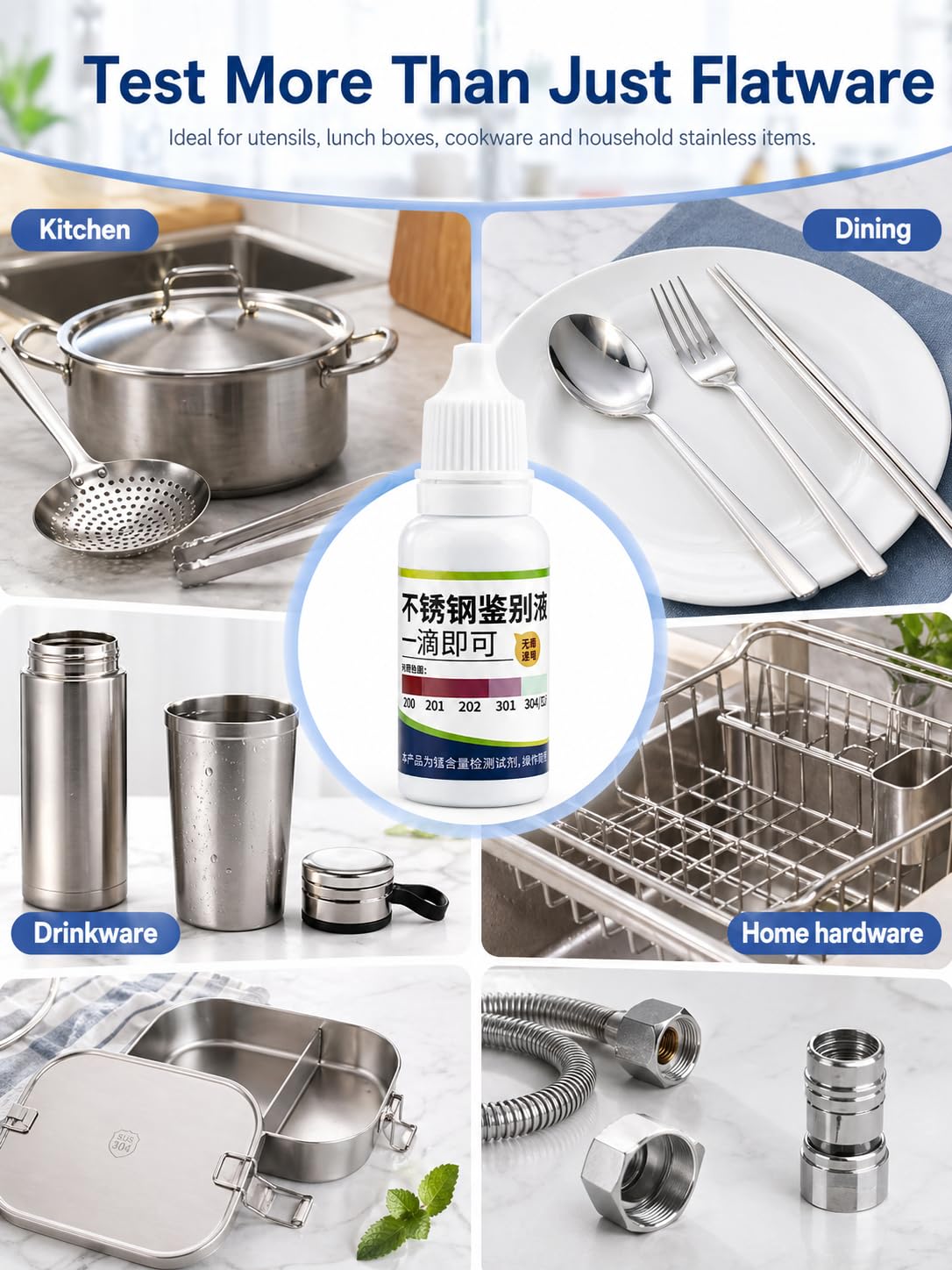 Stainless Steel Test Solution,15ml, Quick Test Liquid for 304 vs 201 Grade, Metal Purity Detector for Kitchenware (3 Bottles for Friend use)