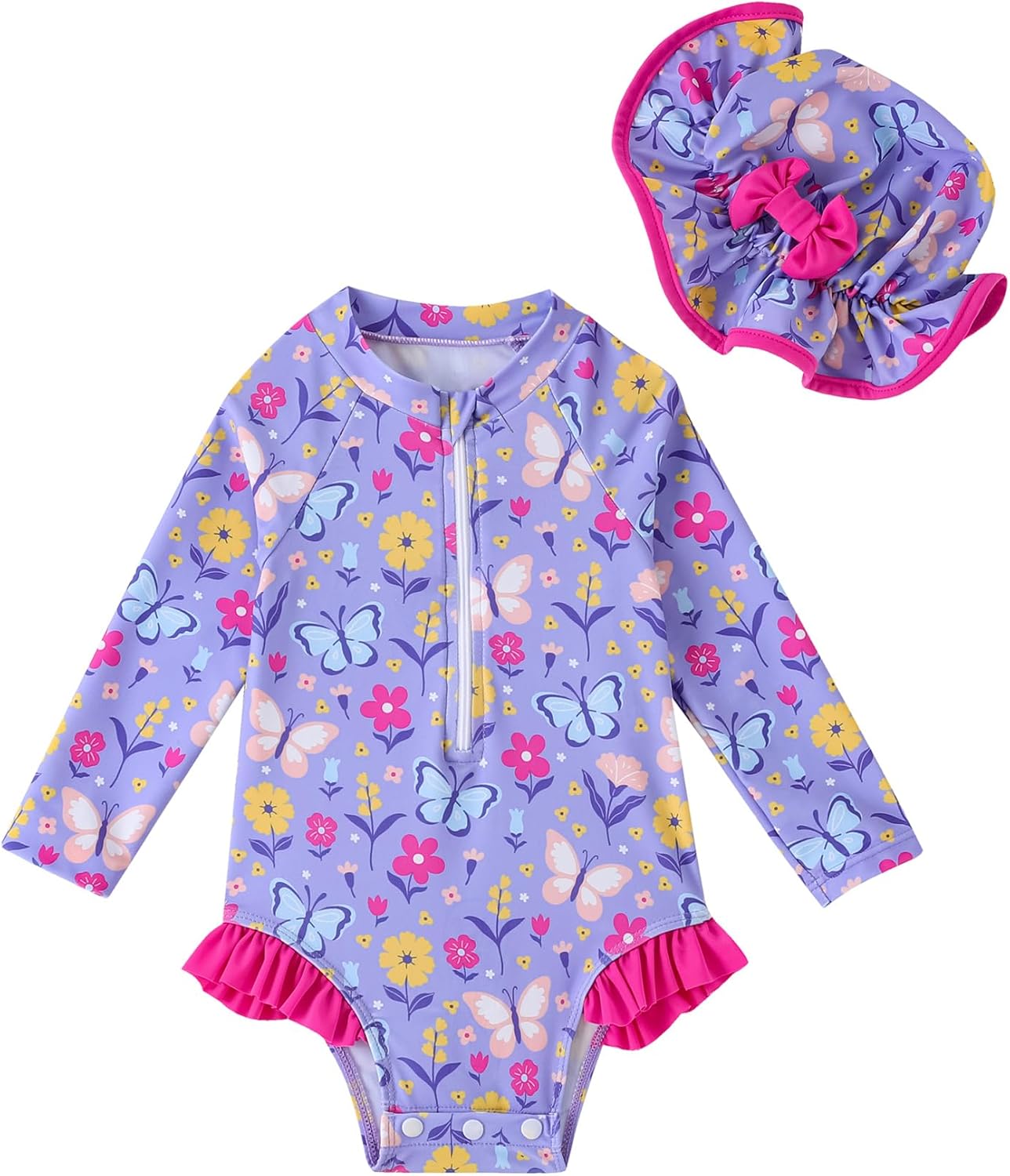 Baby Girl Swimsuit One-Piece Long Sleeve Rash Guard with Hat Set Strawberry/Flower Zipper Bathing Suit