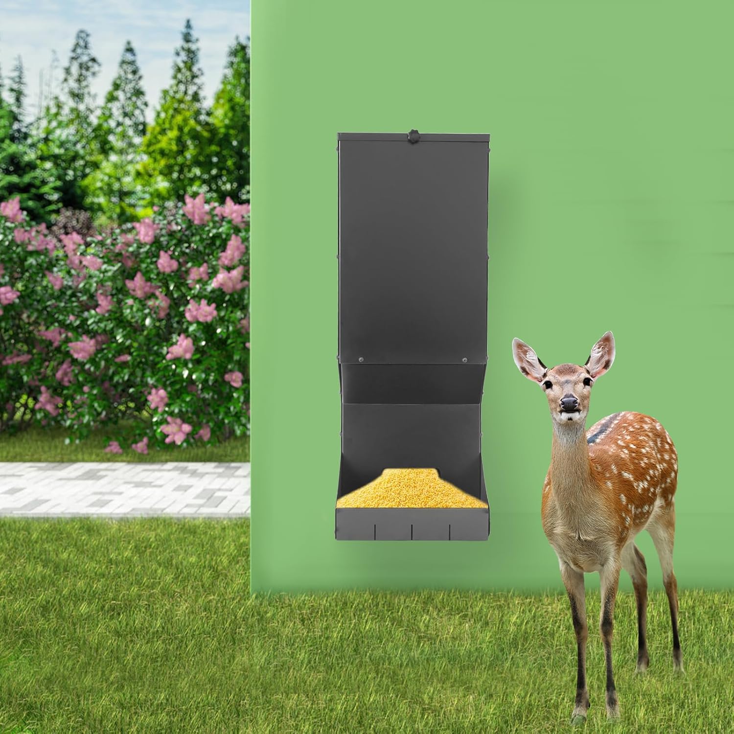 Metal Hanging Deer Feeder 11 Gallons Capacity Gravity Deer Feeder, Automatic Dispenser Feeds Protein and Corns, Heavy Duty Feeding Station with Waterproof Cover, Wildlife Feeders for Farms Ranches