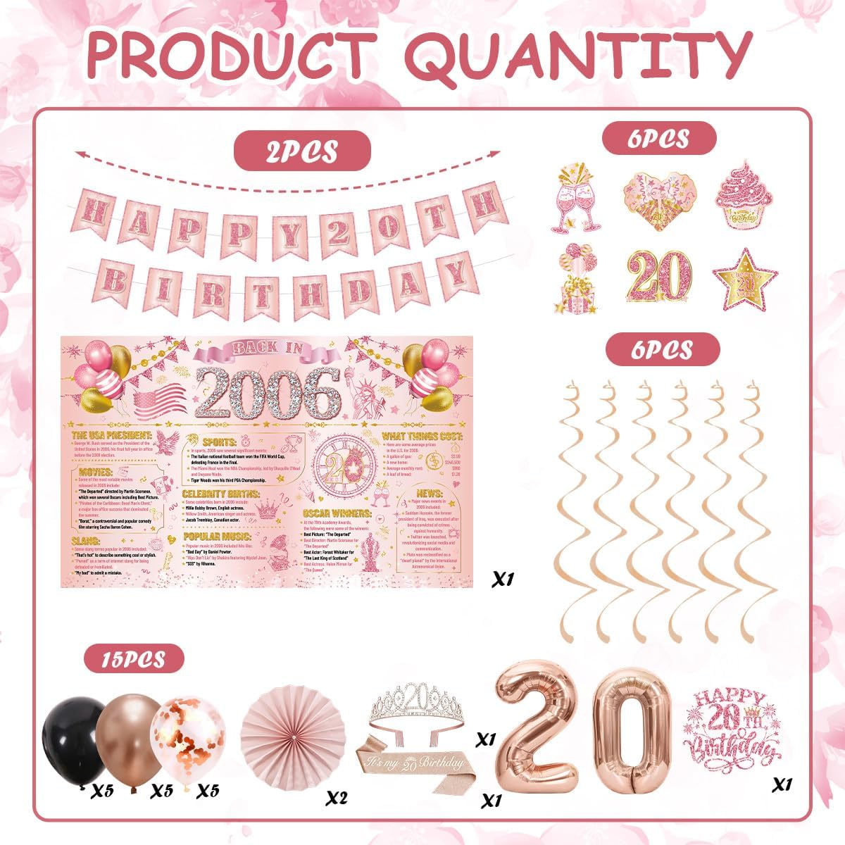 20th Birthday Decorations for Girls Rose Gold 20th Party Decorations for Her 2006 Bday Backdrop, Banner, Haning Swirls, Paper Fan, Cake Topper, Crown, Sash, Balloons, Cheers to 20 Years Party Supplies