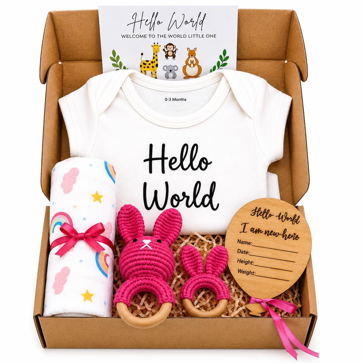 The Baby First Box New Born Newborn Bundle: Onesie, Muslin Swaddle, Crochet Rattle, Teething Ring, and Baby Announcement Plaque | Baby Shower Gifts | Baby Gift Hamper | Pack of 5-image-15