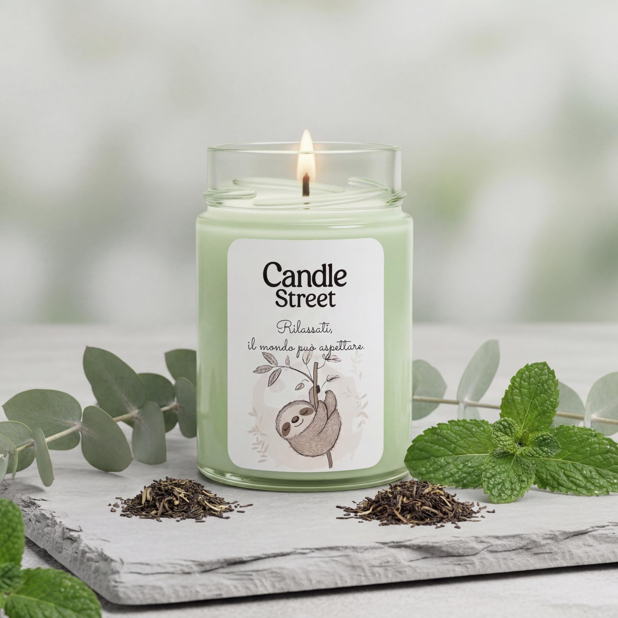Candle Street | Entspannen Sie sich | Duftkerze | Duftkerze | Duft Earl Grey, Pfefferminze und Eukalyptus | 500 g | Lange Brenndauer 100 h | erfrischende Balsamikerze und Stressabbau
