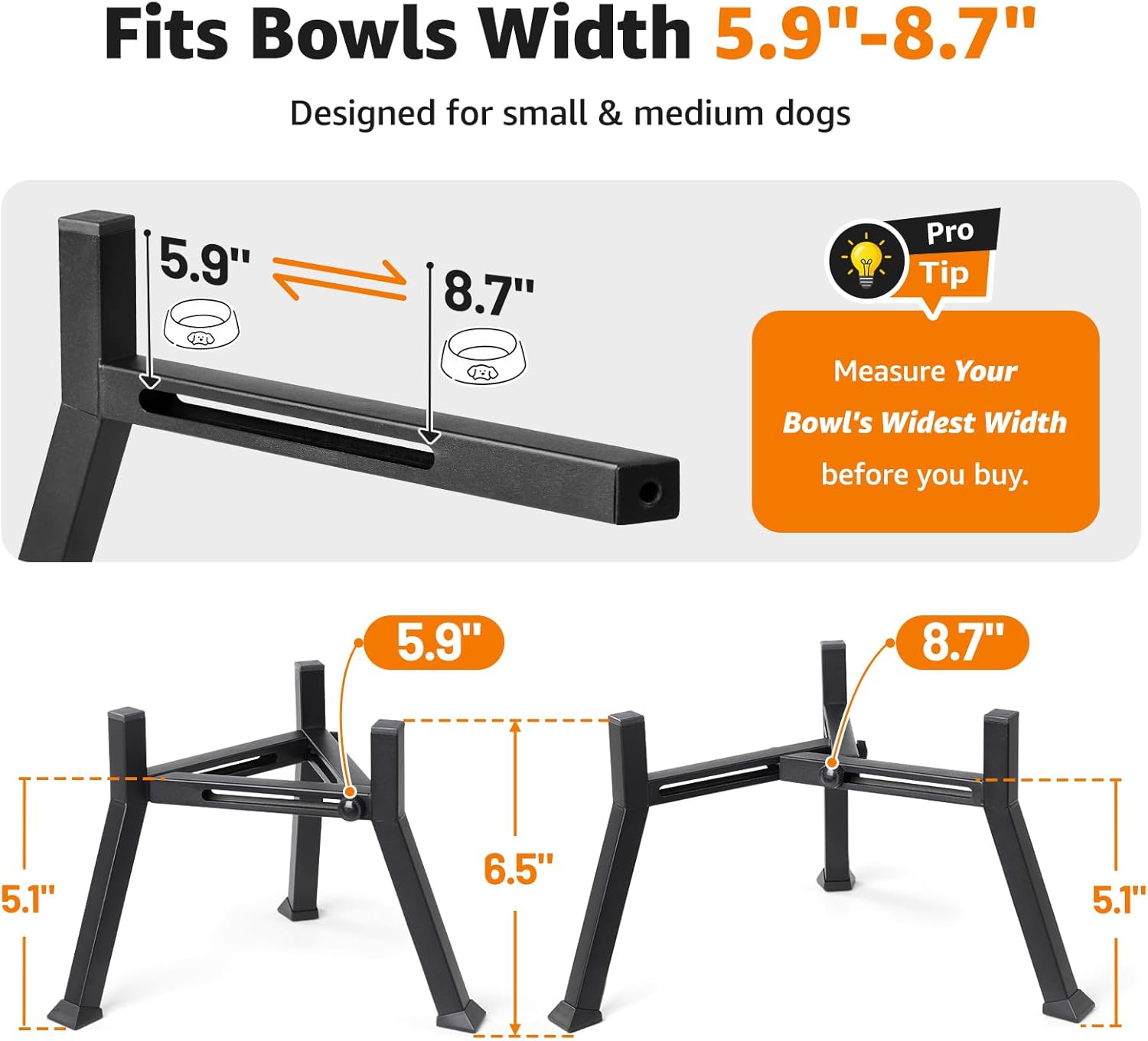 LOOBANI Raised Dog Bowl Stand: Adjustable Width Elevated Dog Bowl Stand Water Food Feeder for Adult, Seniors, Older, Arthritis Dogs, Fits for Bowls Width 5.9"-8.7" (Without Bowls) Black Medium 2 Pack