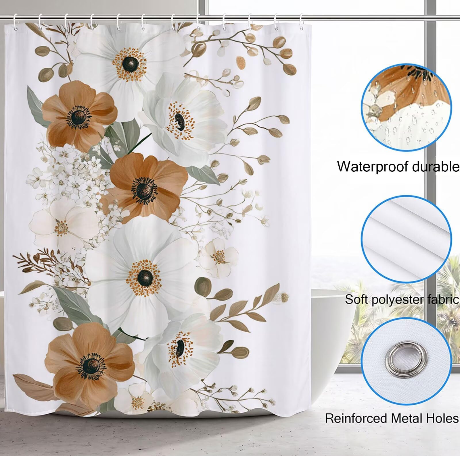 Cortina de Ducha Blanco Cortina Ducha, Antimoho, Tela Impermeable Poliéster, Shower Curtain 220x200 cm con 12 Ganchos y Dobladillo Ponderado, Shower Curtain Lavable para Baño o Bañera, Flor 3Y#169