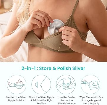 Paruu Silver Nipple Shields for Breastfeeding | 999 Silver Nursing Cups with Silicone Nipple Covers | IBCLC Recommended | Soothe Sore Nipples | Reusable Nipple Protectors for Newborn Moms