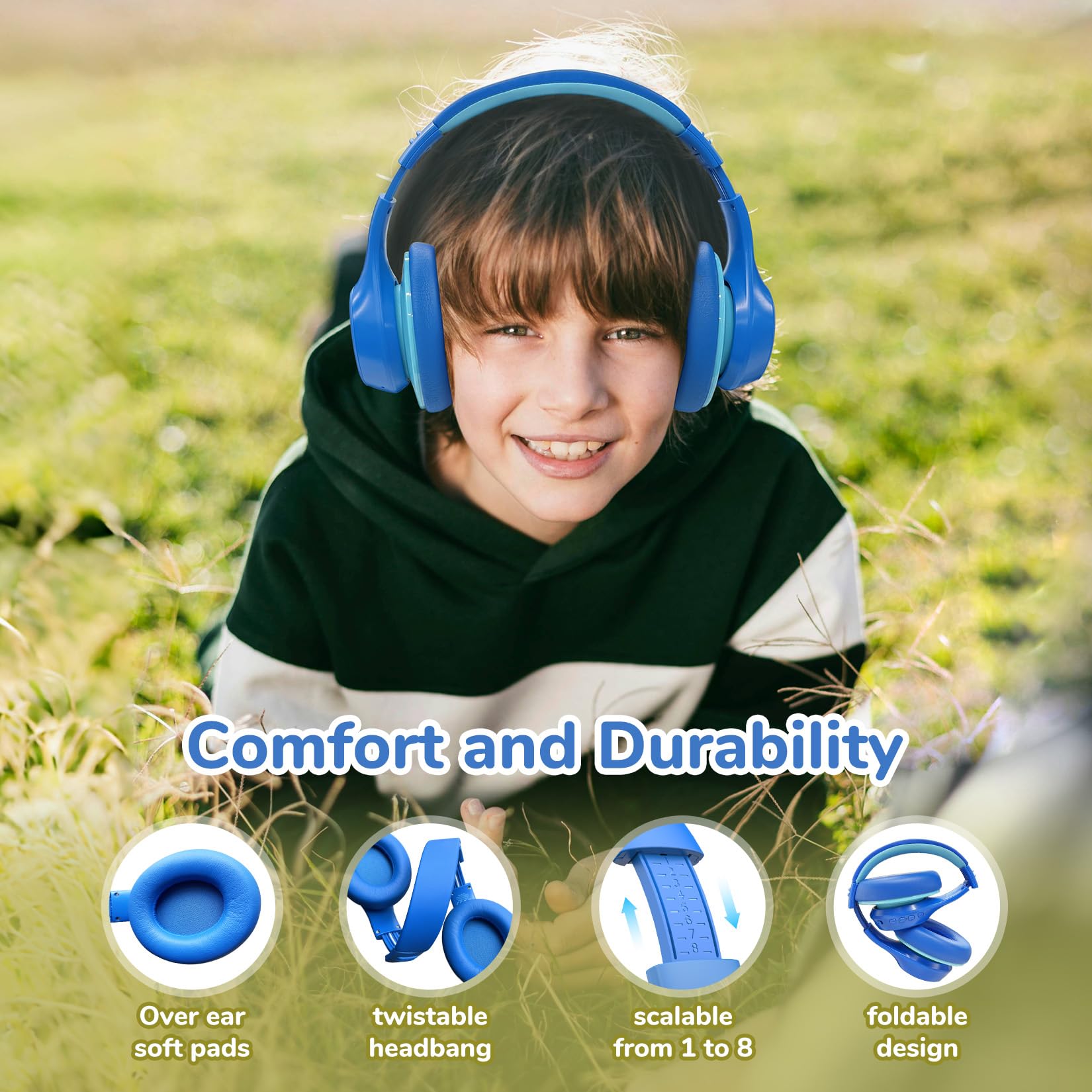 EarFun Auriculares Niños Bluetooth con Micro, Réduction Active Bruit,Azul