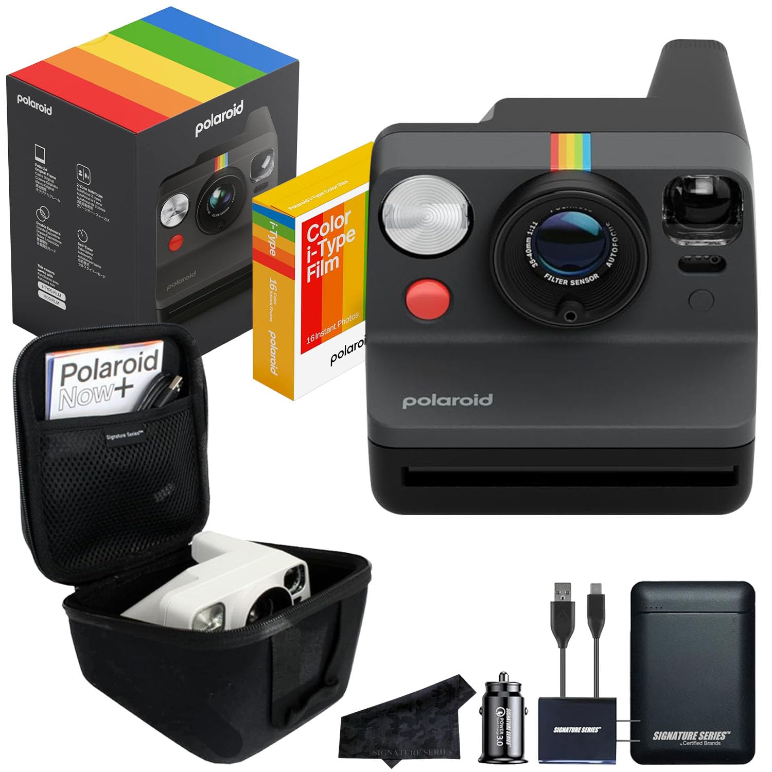 Polaroid Now 3rd Generation i-Type Instant Film Camera with 16 Color Film Photos, Black, with Signature Series Power Bundle
