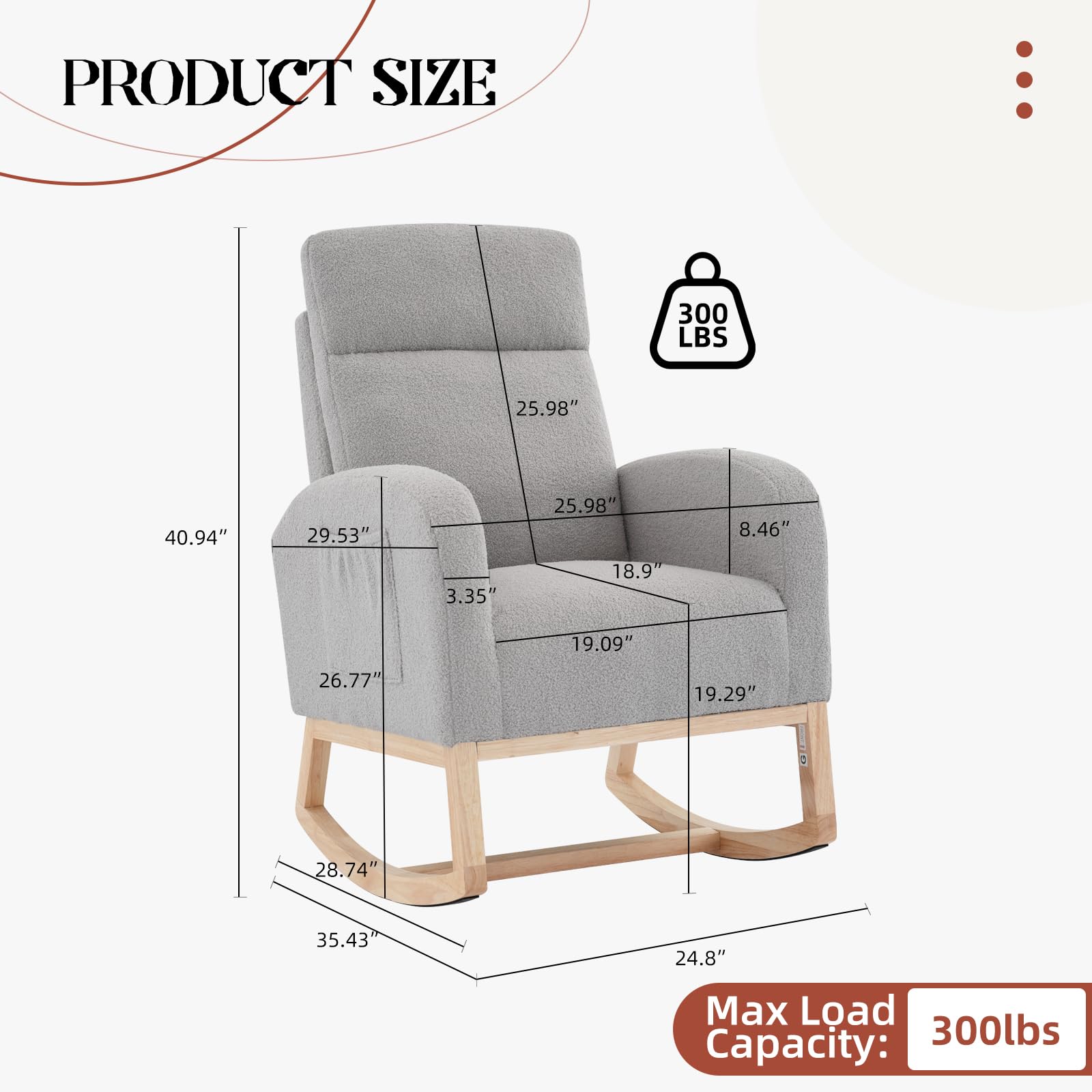GarveeTech Fauteuil à Bascule Classique Plat avec Châssis Bois et Rembourrage Dossier Haut, Pieds Bois Naturel, Peluche Teddy, Gris Clair