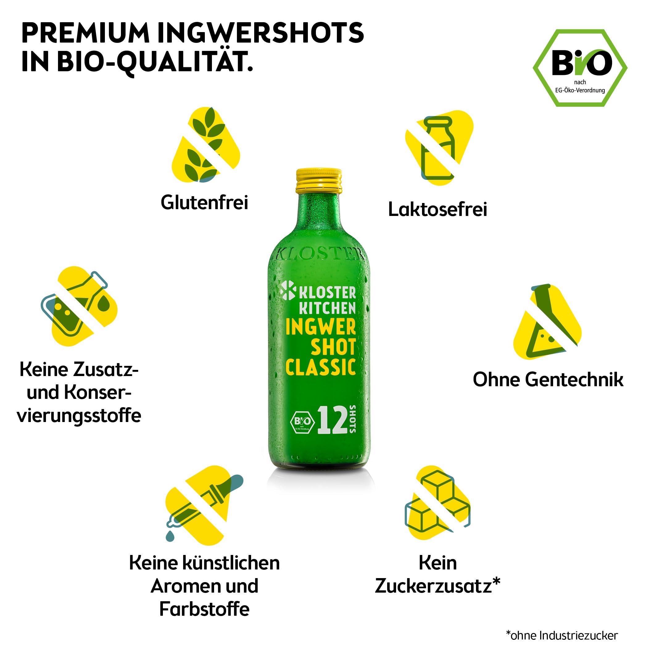 Kloster Kitchen Organic Ginger Shot Tasting Set L I 5 gusti 5x 360 ml + 5x 30 ml I Set regalo Ginger Shot vegan I dolce e piccante & con dolcezza naturale (incl. 1,25€ di deposito)