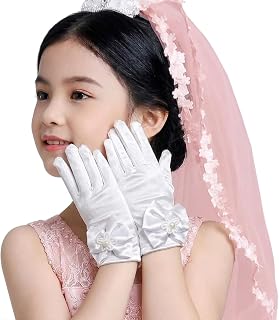 BokWin 1 Pair White Tea Party Gloves for Girls - Elegant Flower Girl Gloves with Bow, Handwear for Wedding