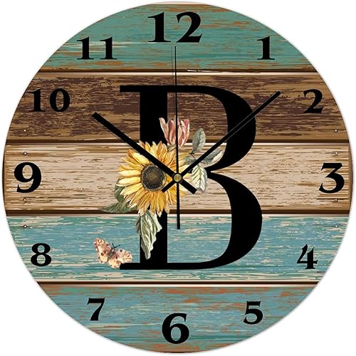 Reloj de pared redondo de cloruro de polivinilo con letra B de girasol, negro, moderno, sin tictac, nombre floral, 12 pulgadas, estilo granja, para