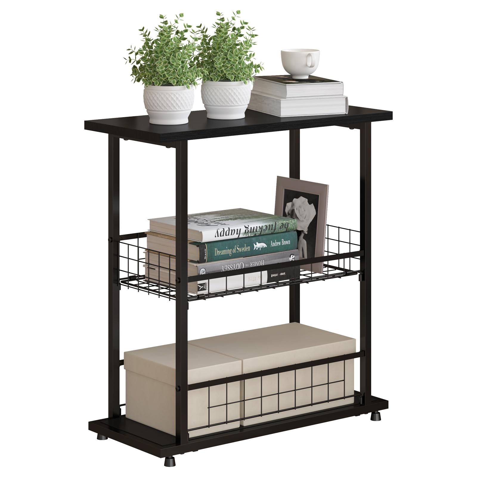 PROXRACER Side Table, 3-Tier End Table, Narrow Sofa Table Bedside Table for Living Room, Study, Bedroom, Small Nightstand with Storage Shelf and Fence,Black