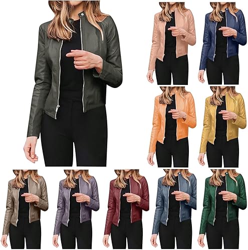 Qinnyo Blazers de otoño para mujer, chaqueta de piel sintética 2023, chaqueta de bicicleta casual de manga larga, frente abierto, cárdigan corto,