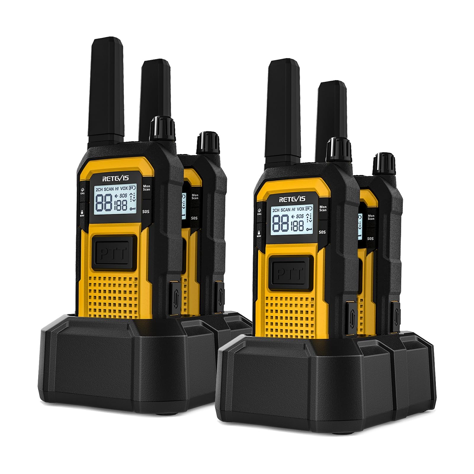 Retevis RB48 Heavy Duty Walkie Talkies Long Range,IP67 Waterproof 2 Way Radios, Shock-Resistant, 2000 mAh, USB-C, with USB Charging Base, Emergency Alert,NOAA, Two Way Radio for Job Site (4 Pack)