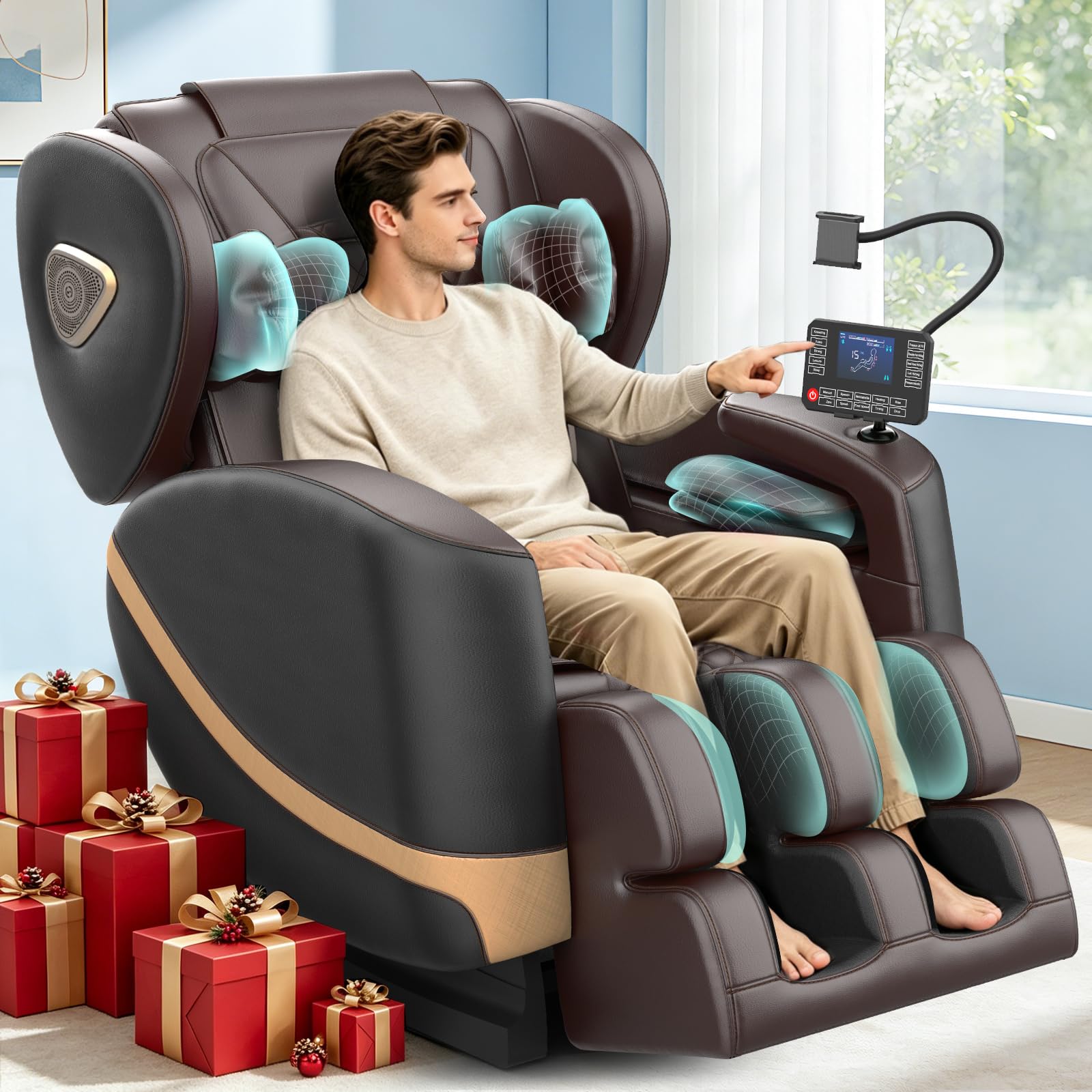 Gegcucey Ganzkörper Massagesessel mit Rollen & Airbags für Massage, Zero Gravity mit Bluetooth Lautsprecher und Touchscreen, Heizfunktion für Taille & Beine, mit Fußmassage für Hause/Büro (Hellgrau)
