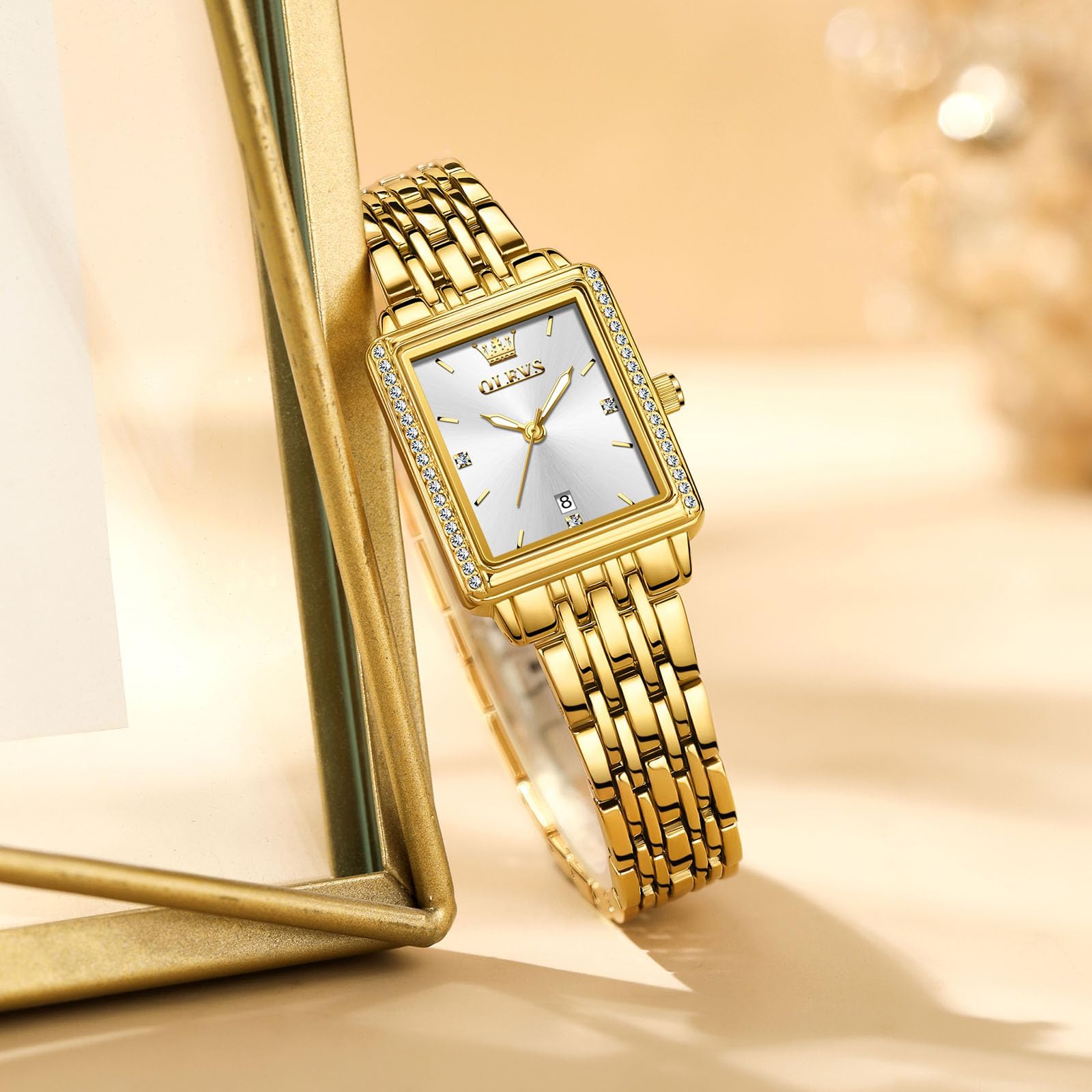 OLEVS Gold Uhren für Frauen Quadrat, Edelstahl Armband Damenuhren Kleines Gesicht, Retro wasserdichte Leuchtende Damen Armbanduhren mit Datum Leicht zu Lesen